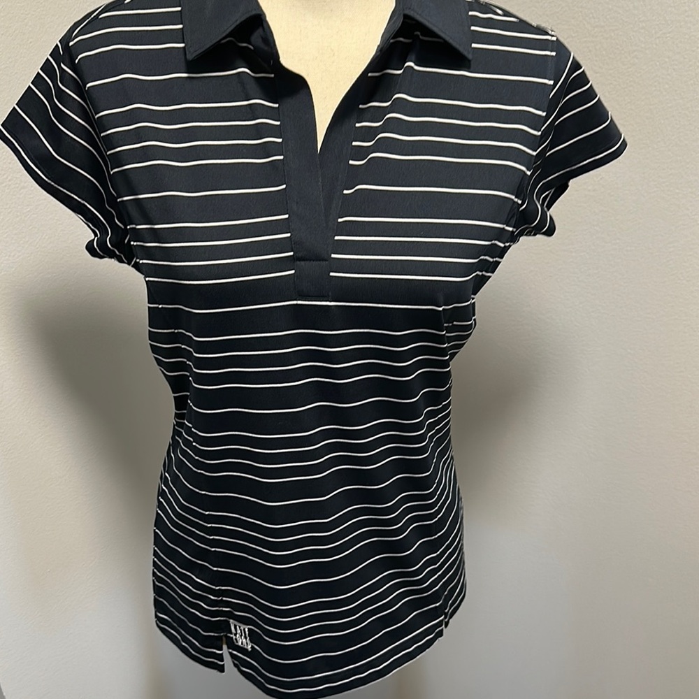 Black and White Fitted Cap Sleeve Polo Button Down